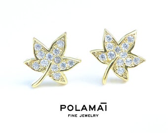 Diamond Leaf Stud Earrings  14k 18kGold . Pair . Yellow White Rose Gold . Polamai