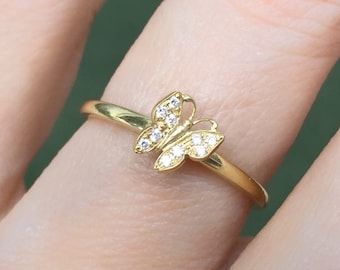 Diamond Butterfly Ring . 14k 18k Solid Gold . 10 Diamond Stacking Ring.  Butterfly Gifts Wings . Yellow Rose White Gold . Polamai