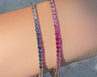 Ombre safir tennisarmband 2,9 mm. Blå safir tennisarmband. Rosa ombre armband. 14k 18k gult rosévitt guld. Polamai