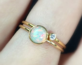 Opal Ring 14k 5mm Solid Gold . Opal Stacking Ring . White Round Opal Bezel Set . Yellow White Rose Gold . Polamai