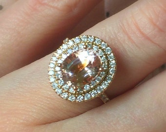 Large Morganite Engagement Ring . Oval Diamond Double Halo Ring  14k 18k Yellow White Rose Gold