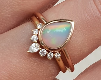 Opal and Diamond Engagement Ring Set . Pear Cut Opal . Wedding Set . 14k 18k . Engagement Ring . 14k 18k Yellow White Rose Gold Platinum 950