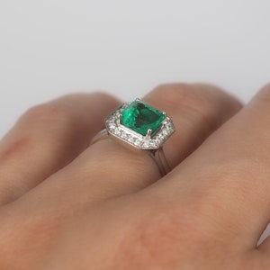 Natural Emerald Engagement Ring with Diamond Halo Border . 1.60 ctw. Emerald Cut . Earth Mined . Yellow White Rose Gold Platinum 950 image 4