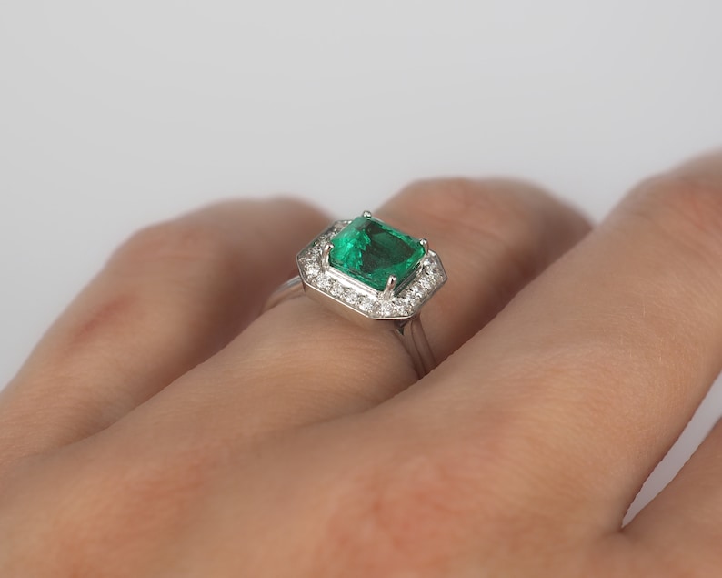 Natural Emerald Engagement Ring with Diamond Halo Border . 1.60 ctw. Emerald Cut . Earth Mined . Yellow White Rose Gold Platinum 950 image 4