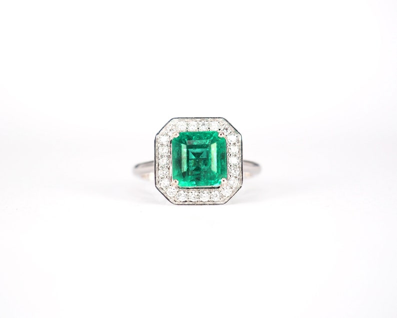 Natural Emerald Engagement Ring with Diamond Halo Border . 1.60 ctw. Emerald Cut . Earth Mined . Yellow White Rose Gold Platinum 950 image 1