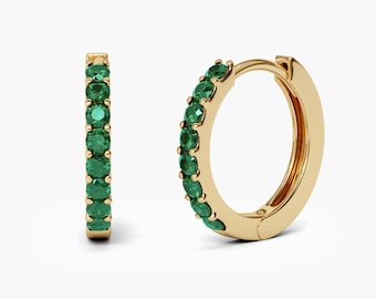 1.5mm Natural Emerald Hoop Earrings 9mm 12mm 15mm. 14k 18k Yellow White or Rose Gold . Emerald Huggie Earrings . Small Hoop Earrings Polamai