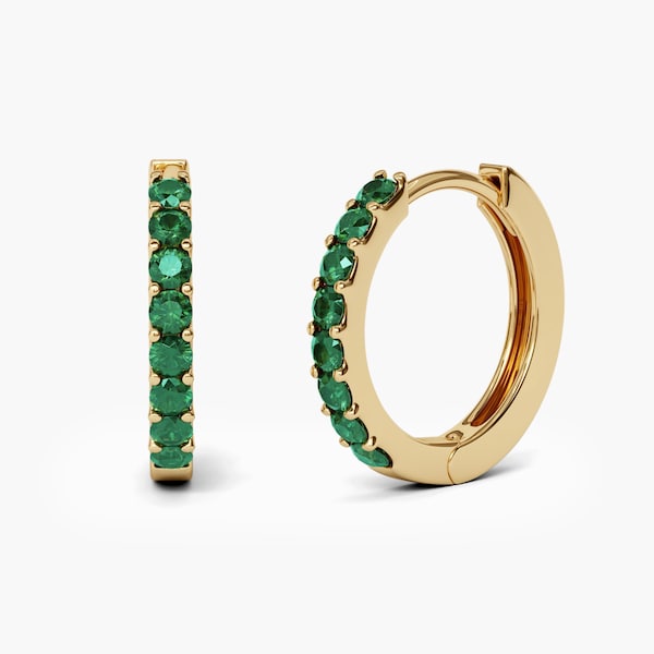 1.5mm Natural Emerald Hoop Earrings 9mm 12mm 15mm. 14k 18k Yellow White or Rose Gold . Emerald Huggie Earrings . Small Hoop Earrings Polamai