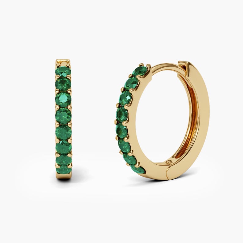 1.5mm Natural Emerald Hoop Earrings 9mm 12mm 15mm. 14k 18k Yellow White or Rose Gold . Emerald Huggie Earrings . Small Hoop Earrings Polamai image 1