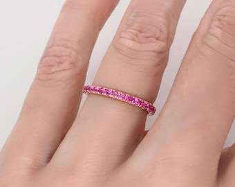 Ready to Ship Natural Fuchsia Pink Sapphire Ring 2mm . Natural Pink Sapphire Half Eternity Band 14k Rose Gold . Pink Sapphire Stacking Band