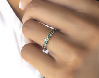 Teal Blue Sapphire Wedding Band 2.4mm . Teal Sapphire Ring . Teal Sapphire Eternity .  Green Blue Sapphire Ring . 14k 18k Yellow White Gold