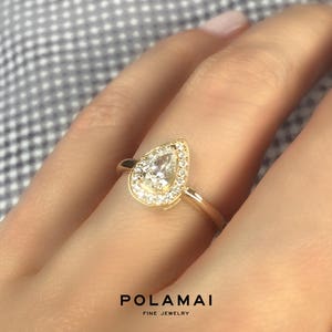 Pear Diamond Engagement Ring . Pear Cut Diamond Ring Halo . Certified . Yellow Rose White Gold . 14k 18k . Wedding Ring . Polamai image 5