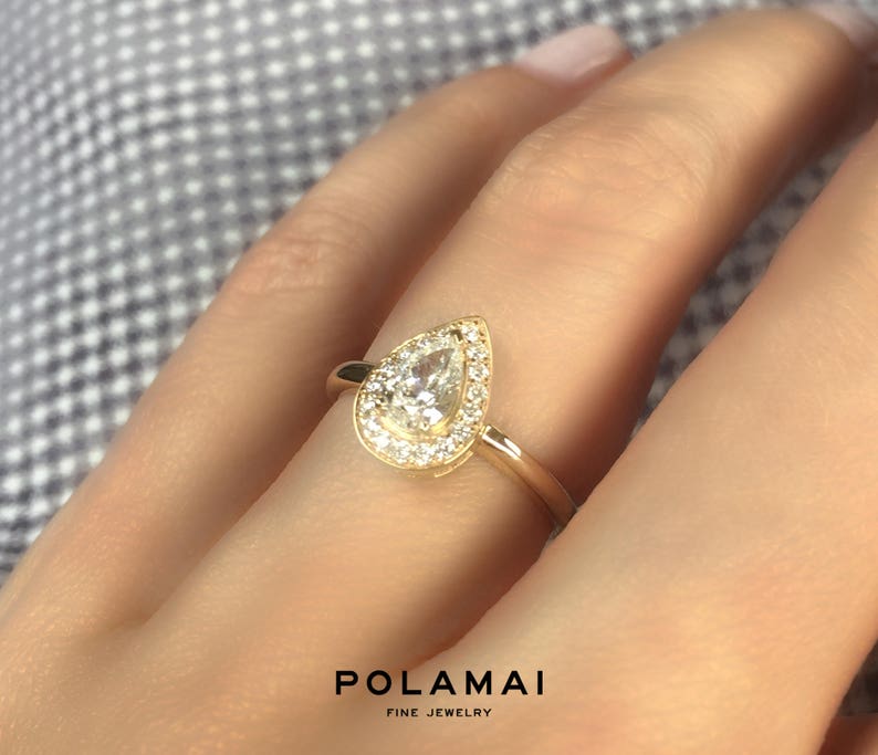 Pear Diamond Engagement Ring . Pear Cut Diamond Ring Halo . Certified . Yellow Rose White Gold . 14k 18k . Wedding Ring . Polamai image 5
