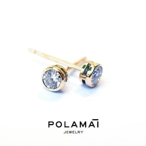 Diamond Earrings 18k Solid Gold 0.40 0.20 ctw . Stud Solitaire Earrings . Round Bezel Set . Yellow Gold . Polamai Jewelry