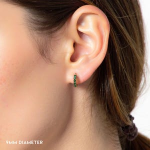 1.5mm Natural Emerald Hoop Earrings 9mm 12mm 15mm. 14k 18k Yellow White or Rose Gold . Emerald Huggie Earrings . Small Hoop Earrings Polamai image 5
