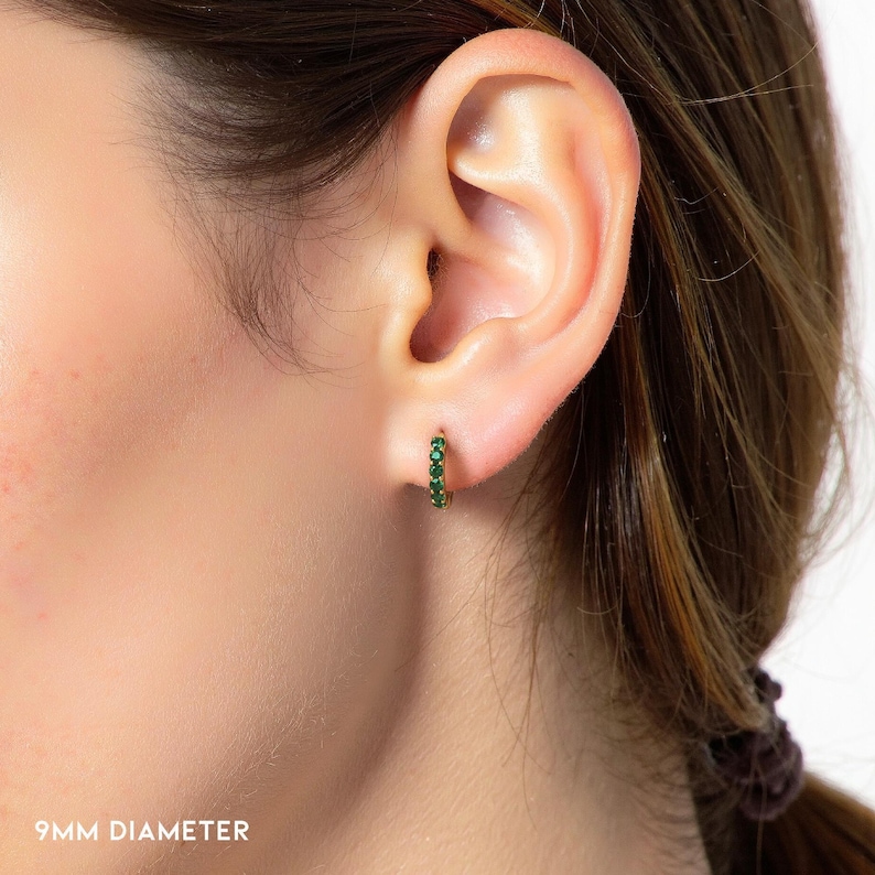 1.5mm Natural Emerald Hoop Earrings 9mm 12mm 15mm. 14k 18k Yellow White or Rose Gold . Emerald Huggie Earrings . Small Hoop Earrings Polamai image 5