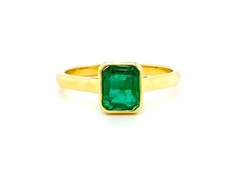 Natural Zambian Emerald Ring 14k 18k Yellow White or Rose Gold . Bezel Set Emerald Cut Ring . Baguette . Engagement Stacking Anniversary image 1