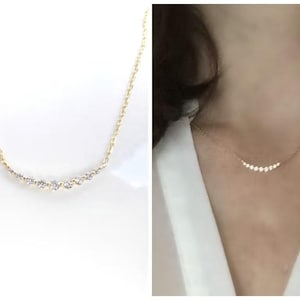 Diamond Necklace . 9 Diamond Curved Necklace 18k Yellow Rose or White Gold . Layering Necklace . Diamond Curve Necklace . Minimal Jewelry