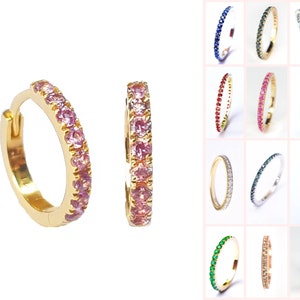 14k 18k Gold Huggie Hoop Earrings 12mm . Choose your Gemstone . Pink Peach Teal Blue Sapphire . Ruby Emerald. Black Blue Diamond Moissanite