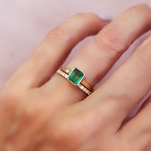 Natural Zambian Emerald Ring 14k 18k Yellow White or Rose Gold . Bezel Set Emerald Cut Ring . Baguette . Engagement Stacking Anniversary image 3