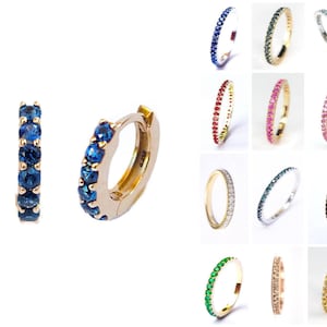9mm Gold Huggie Hoop Earrings 14k 18k . Choose your Gemstone . Pink Peach Teal Blue Natural Sapphire Ruby Emerald Black Blue Natural Diamond