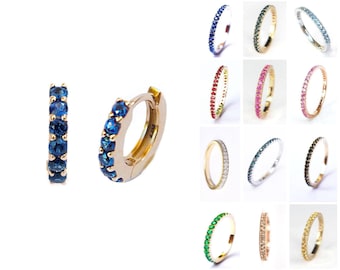9mm Gold Huggie Hoop Earrings 14k 18k . Choose your Gemstone . Pink Peach Teal Blue Natural Sapphire Ruby Emerald Black Blue Natural Diamond