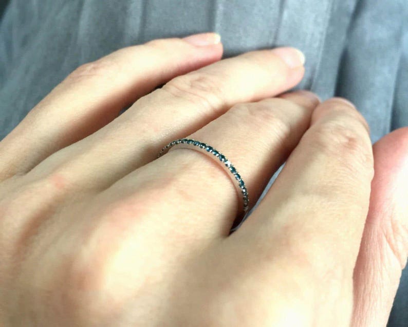 Blue Diamond Eternity Ring 18k 14k . Full or Half Eternity Band . Wedding Band Micro Pave Ring . Solid Yellow White Gold . Polamai image 2