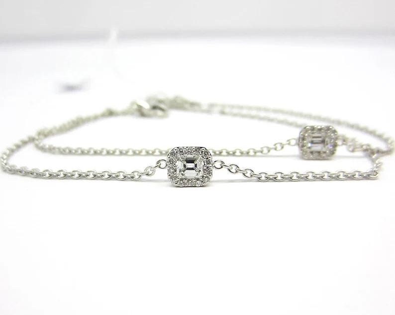 Baguette Cut Natural Diamond Bracelet 18k Solid Gold . Rectangle Square Cut Diamond Halo Setting Diamond Solitaire . Yellow Rose White Gold