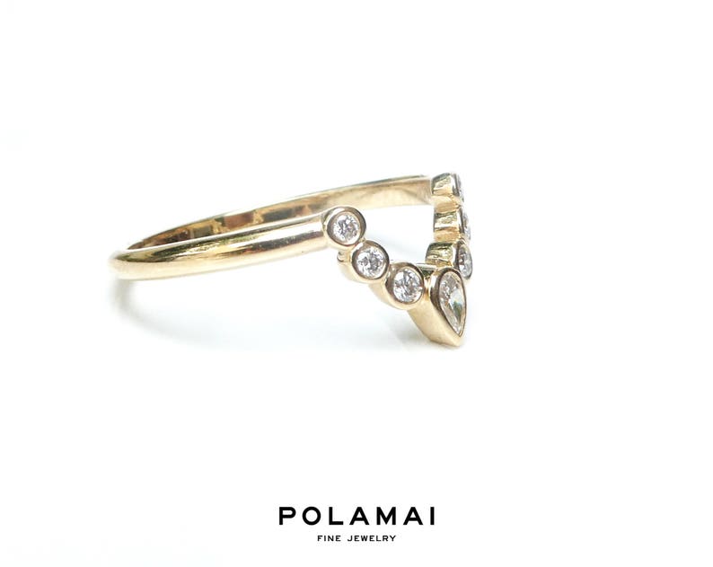 Diamond Nesting Wedding Band . Matching Wedding Ring. Pear and Round Diamond Crown Ring . Yellow Rose White 14k 18k Gold . Polamai image 5