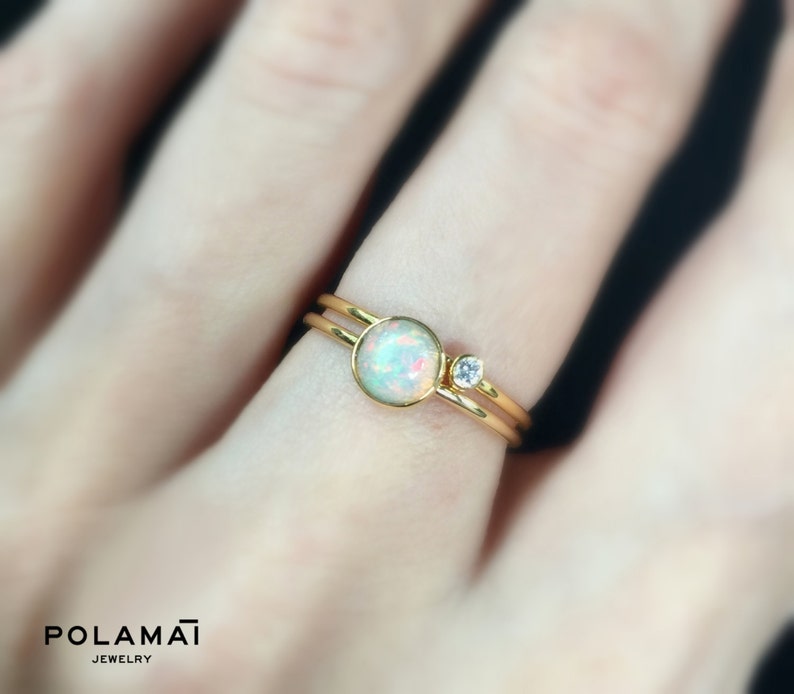 Opal Ring 14k 5mm Solid Gold . Opal Stacking Ring . White - Etsy