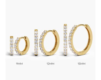 1,5 mm naturliga diamantörhängen med EF-färg VS-klarhet. 14k 18k massivt guld, 9 mm diamanter, huggie-örhängen. Jordbrytna diamanter.