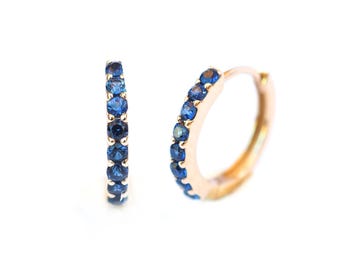 Blue Sapphire Hoop Earrings 12mm 9mm . 14k 18k Yellow White or Rose Gold . Sapphire Huggie Earrings . Small Hoop Earrings . Natural Sapphire