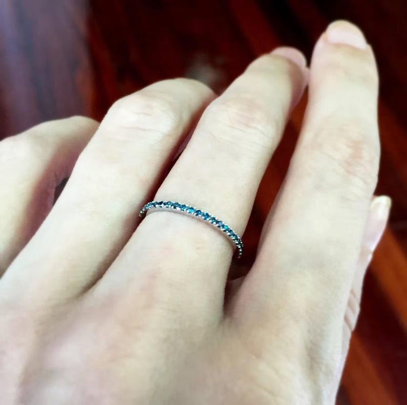 Blue Diamond Eternity Ring 18k 14k . Full or Half Eternity Band . Wedding Band Micro Pave Ring . Solid Yellow White Gold . Polamai image 4
