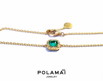 Emerald Bracelet Diamond Halo Solid 18k Gold . Zambian Emerald Chain Stacking Bracelet . Polamai