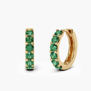 2.2mm Natural Emerald Hoop Earrings . 9mm 12mm 15mm Diameter . 14k 18k Solid Gold. Emerald Huggie Hoops Emerald Earrings May Birthstone Gift