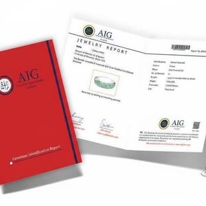 Puede incluir: Un folleto rojo de informe de identificación de piedras preciosas y un informe de joyería de AIG. El informe de joyería muestra detalles de un anillo con una piedra preciosa verde. El folleto tiene el logotipo de AIG y el texto "Gemstone Identification Report".