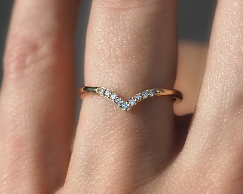 Diamond Dip Ring Stackable Diamond Ring US Sizes 5 to 8 Diamond V Ring Chevron Wedding Band Ready to Ship 14k White Gold Polamai