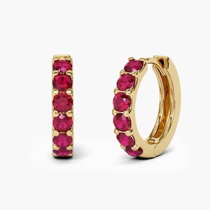 2.2mm Natural Ruby Hoop Earrings . 9mm 12mm 15mm Diameter . 14k 18k Solid Gold . Ruby Huggie Hoops. Real Red Ruby Earrings July Birthstone