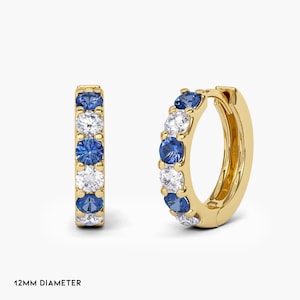 2.2mm Natural Diamond & Cornflower Blue Sapphire Hoop Earrings . 14k 18k Solid Gold . 9mm 12mm 15mm Blue Sapphire and Diamond Huggie Hoops