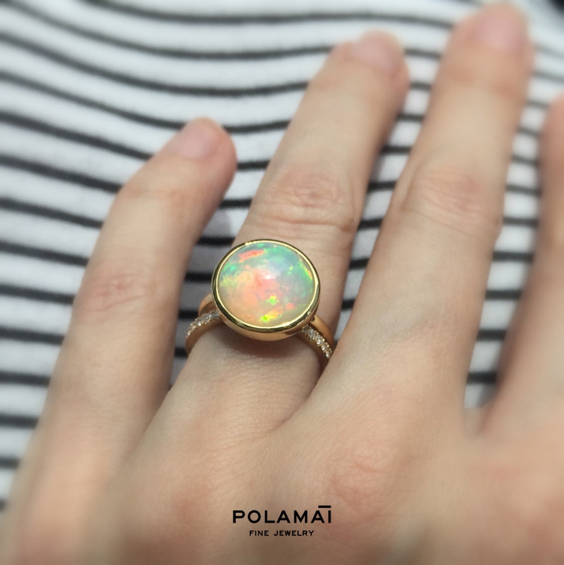 Large Round Opal Ring 11mm 14k Solid Gold . Large AAA Bezel Etsy