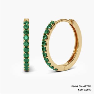 1.5mm Natural Emerald Hoop Earrings 9mm 12mm 15mm. 14k 18k Yellow White or Rose Gold . Emerald Huggie Earrings . Small Hoop Earrings Polamai image 2
