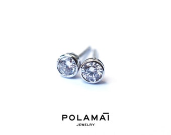 Diamond Earrings 18k Solid Gold 0.40 0.20 ctw . Stud Solitaire Earrings . Round Bezel Set . White Gold . Polamai Jewelry