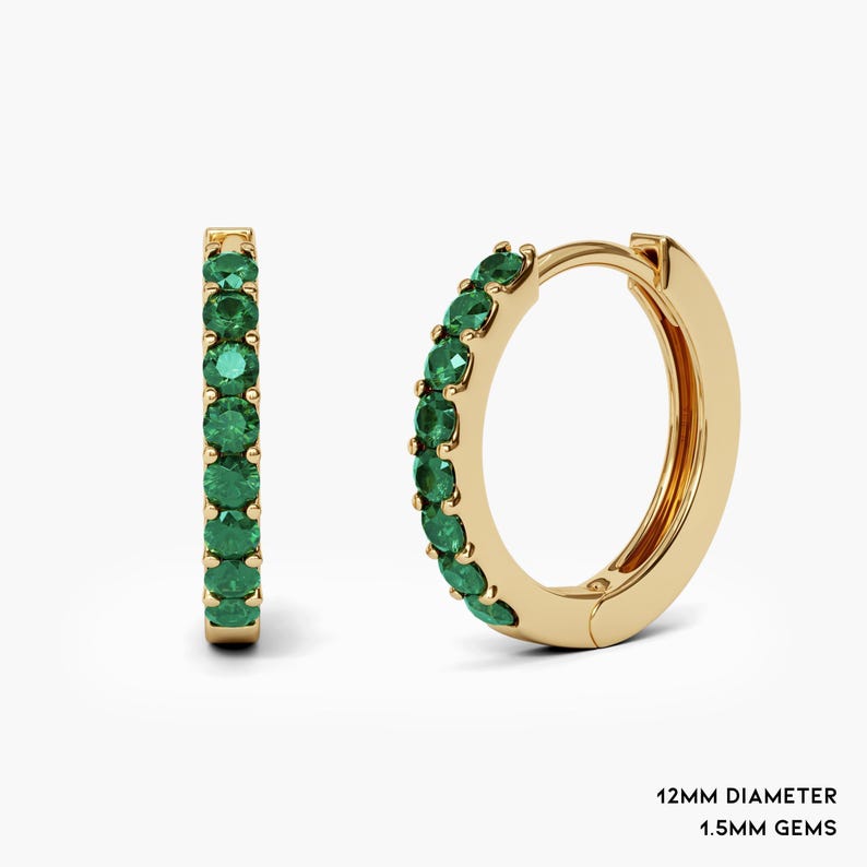 1.5mm Natural Emerald Hoop Earrings 9mm 12mm 15mm. 14k 18k Yellow White or Rose Gold . Emerald Huggie Earrings . Small Hoop Earrings Polamai image 3