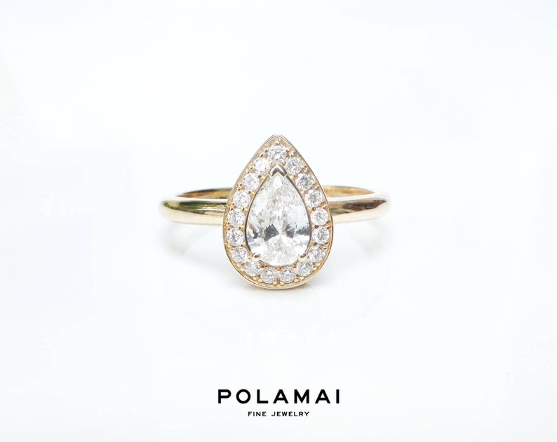 Pear Diamond Engagement Ring . Pear Cut Diamond Ring Halo . Certified . Yellow Rose White Gold . 14k 18k . Wedding Ring . Polamai image 2