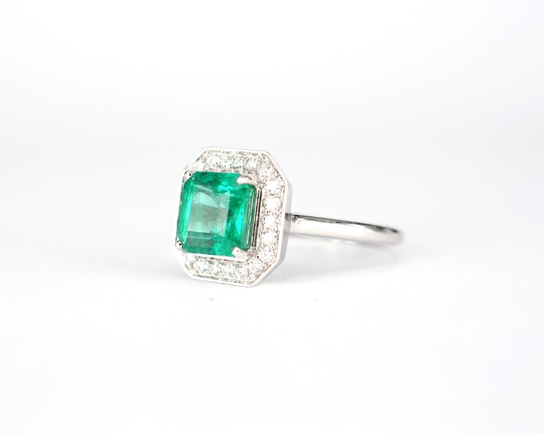 Natural Emerald Engagement Ring with Diamond Halo Border . 1.60 ctw. Emerald Cut . Earth Mined . Yellow White Rose Gold Platinum 950 image 5