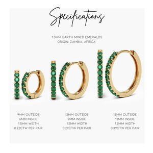 1.5mm Natural Emerald Hoop Earrings 9mm 12mm 15mm. 14k 18k Yellow White or Rose Gold . Emerald Huggie Earrings . Small Hoop Earrings Polamai image 9