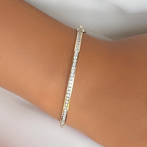 Natural Diamond Bangle. Channel Set Diamond Bracelet . F VS Diamonds or White Sapphire . 14k 18k Solid Gold Bangle . Luxury Gift for Her
