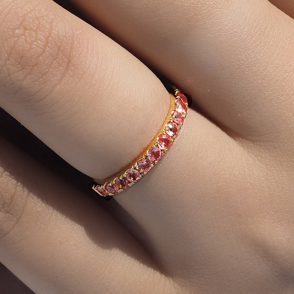 Natural Padparadscha Sapphire Band 2.3mm . Pink Peach Sapphire Wedding Band . Anniversary Stacking Ring . 14k 18k Yellow White Gold Platinum