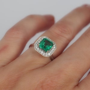 Natural Emerald Engagement Ring with Diamond Halo Border . 1.60 ctw. Emerald Cut . Earth Mined . Yellow White Rose Gold Platinum 950 image 2