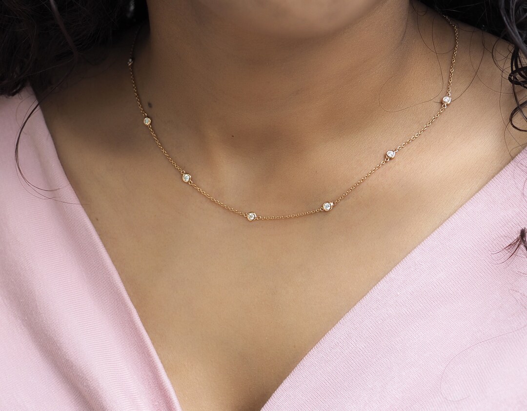 Diamond Station Necklace . All Natural Diamonds 3, 5, 7 . Bezel Set by
