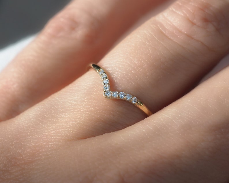 Diamond Dip Ring Stackable Diamond Ring US Sizes 5 to 8 Diamond V Ring Chevron Wedding Band Ready to Ship 14k White Gold Polamai